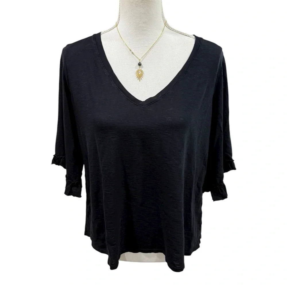 Anthropologie Michael Stars V Neck Supima Flutter Sleeve Black T-Shirt